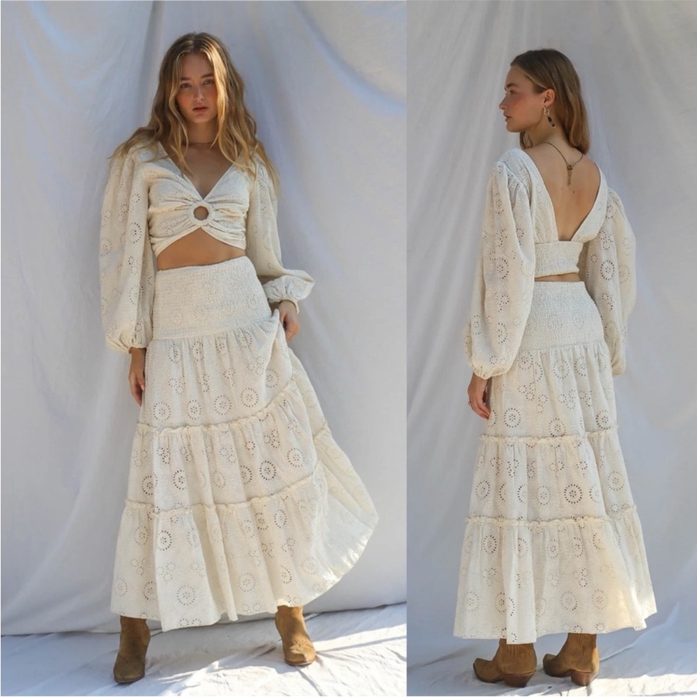 Free People Cream Eyelet Tiered Maxi Skirt Set